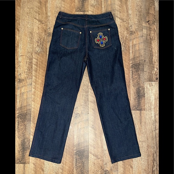St John Denim Boot cut Jeans Jewel Rhinestone Dark wash - Picture 2 of 9